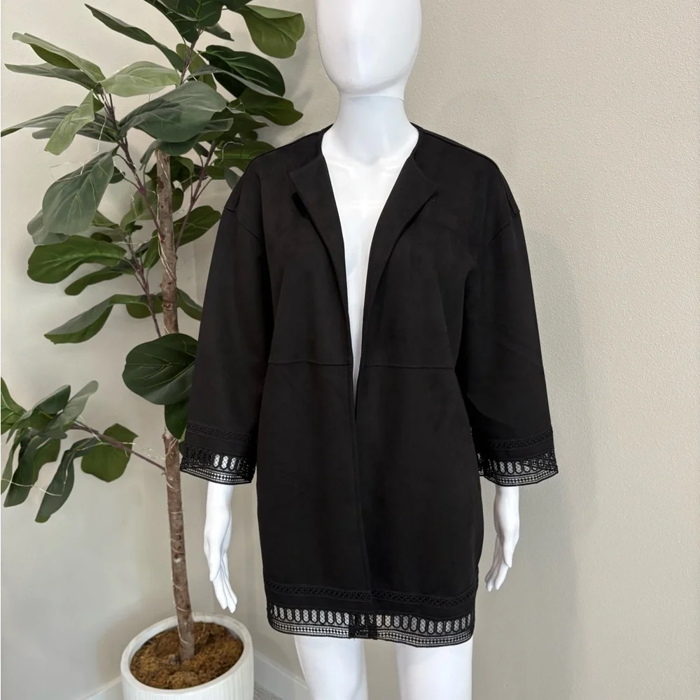 NWT Zara Black Faux Suede Oversized Open Jacket Womens Size XS Crochet Lace Trim